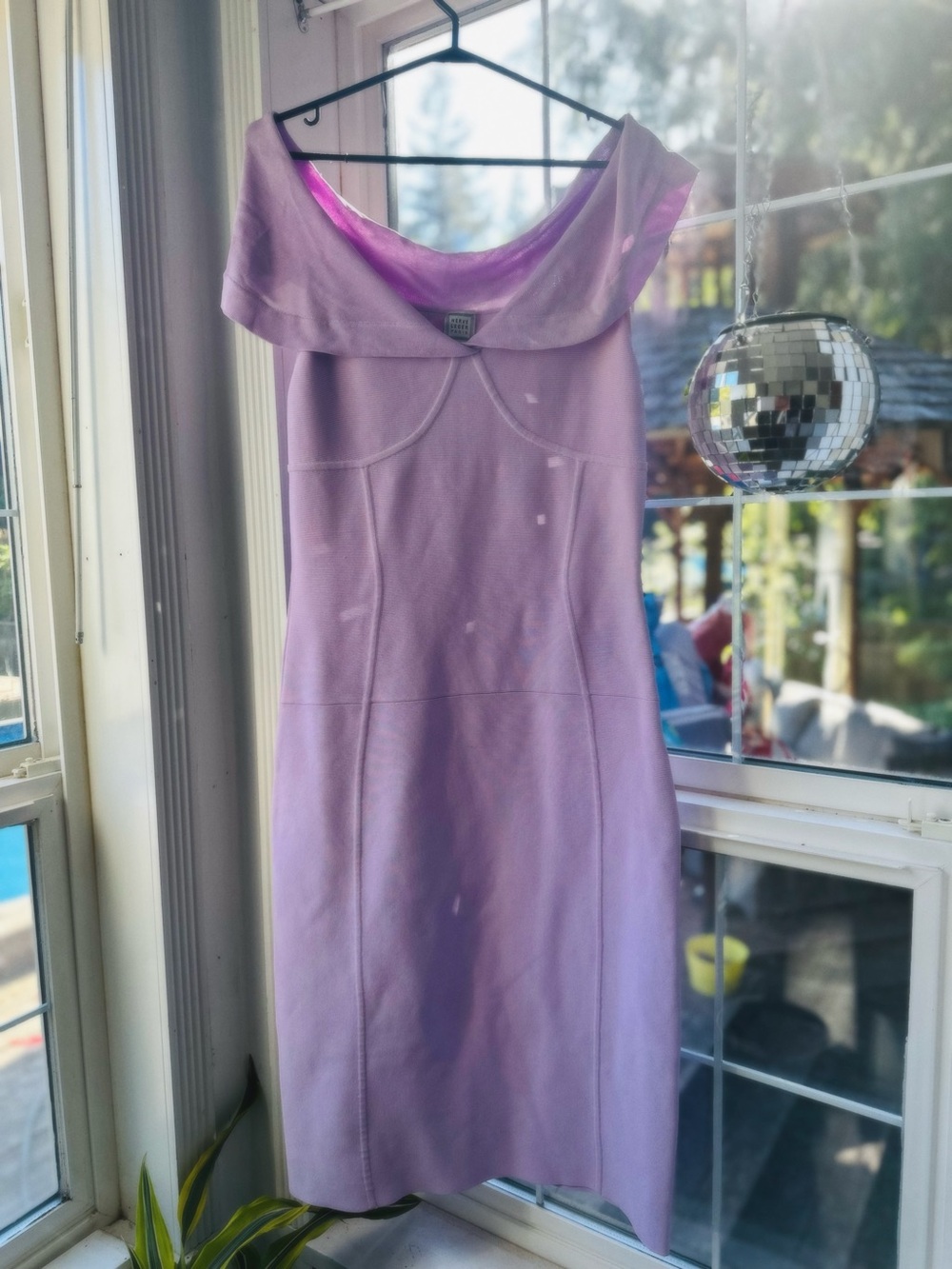 Vintage Herve Leger Lilac Off-Shoulder Midi Dress